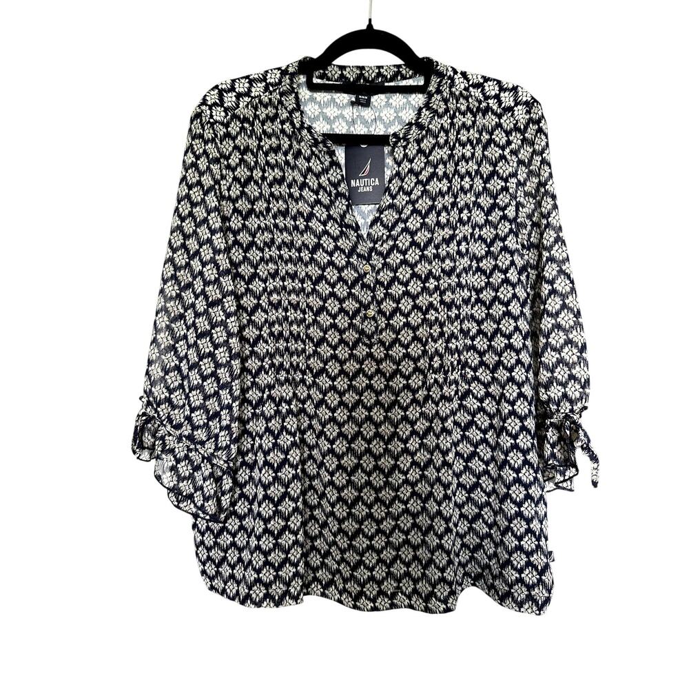 NWT Natuica Jeans Navy Blue White Pintuck Blouse